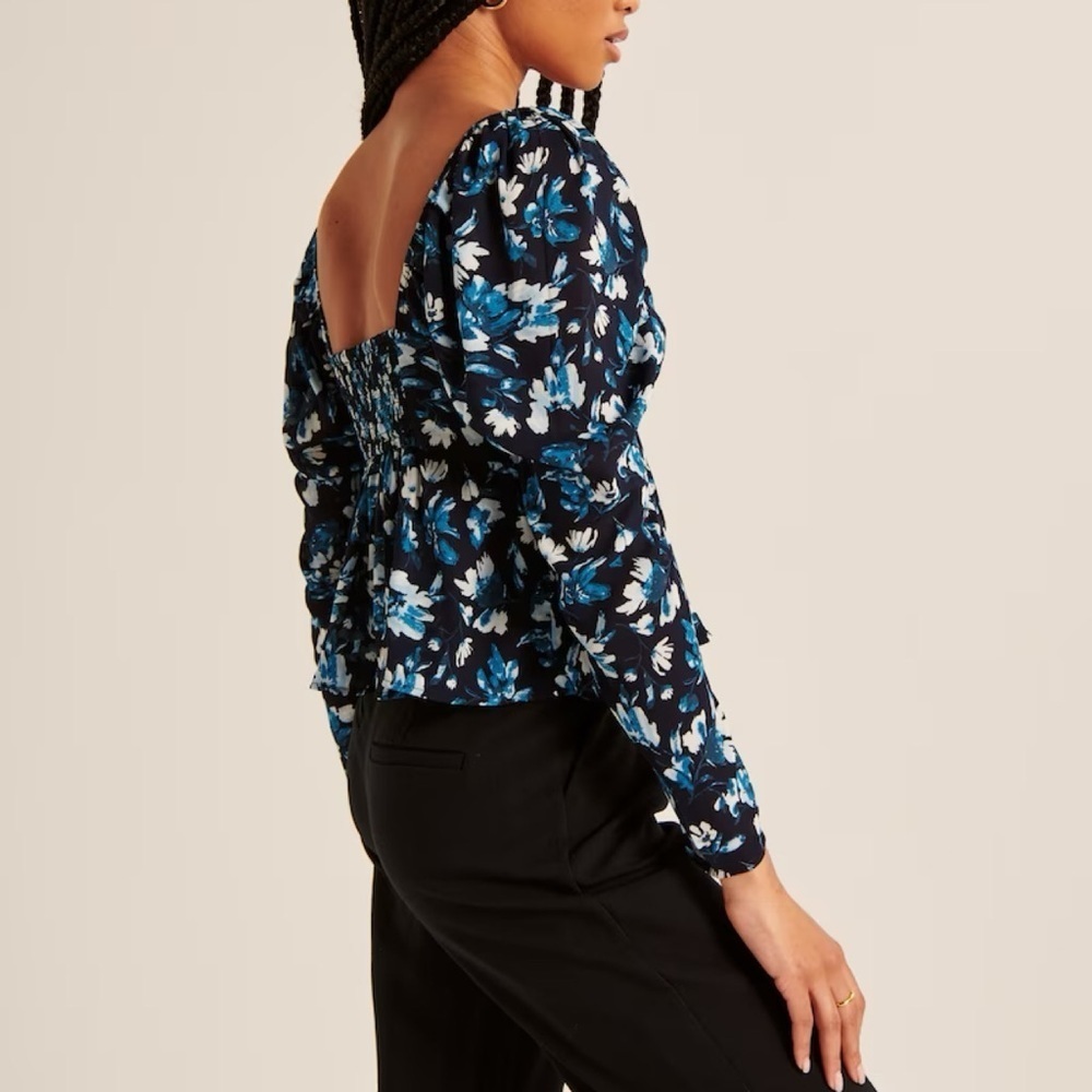 Abercrombie & Fitch Blue Floral Long Sleeve Sheer Twist Front Top
